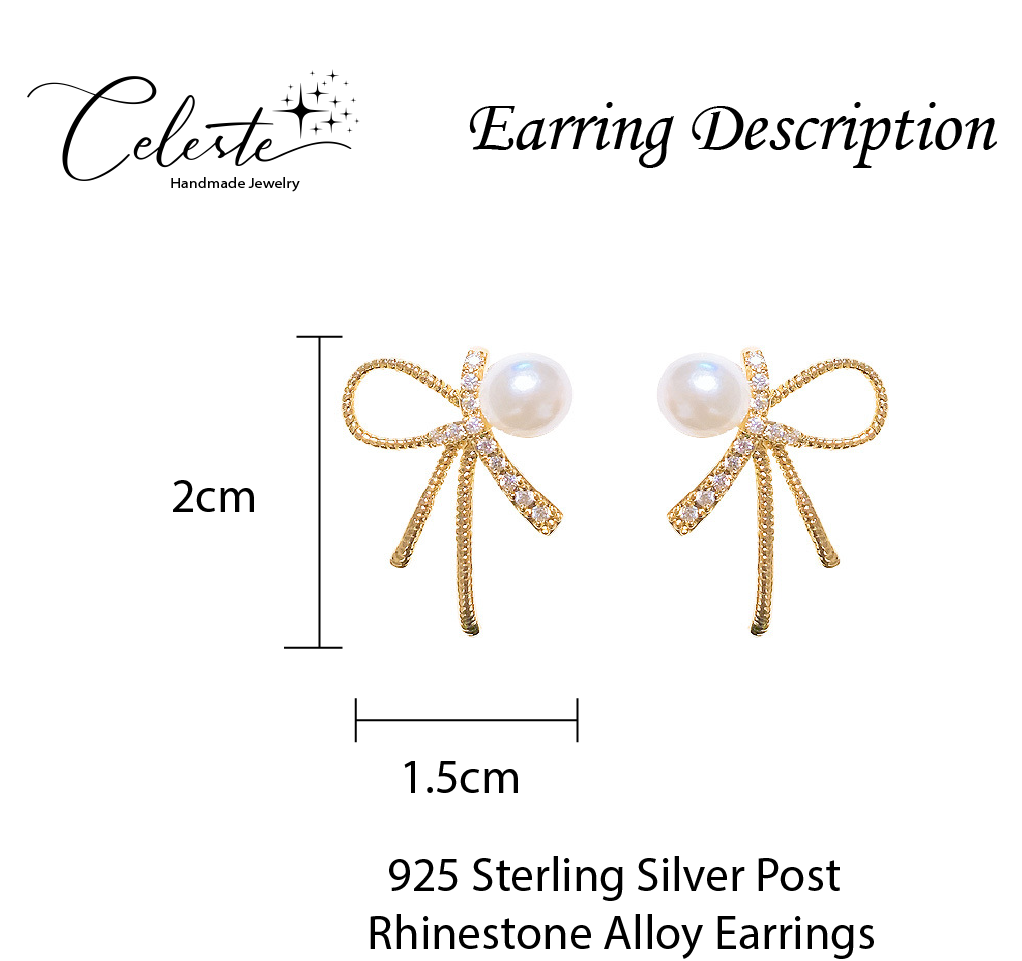 H - Gold Crystal Bow Tie Pearl Earrings Chic 925 Sterling Silver Post Needle Stud