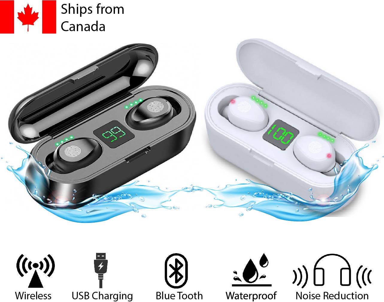 TWS Wireless Earphones Bluetooth Earbud Black White w/ Charging Case Ear phone Waterproof