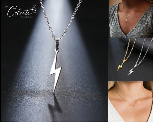 C - Lightning Bolt Charm Dainty Necklace 14K Gold or Sterling Silver Plated on Stainless Steel Thunder